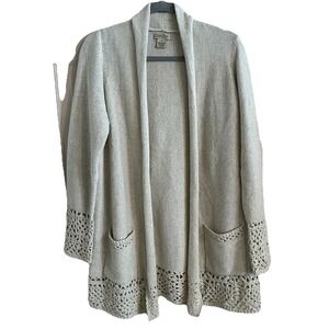 Lucky Brand Sweater Women's M Ivory Crochet Cardigan Open Front Boho Pockets